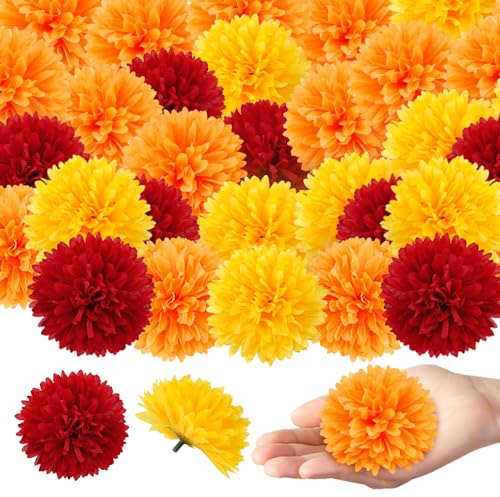 Ringelblumenköpfe, 40 Stück, künstliche mexikanische künstliche Blumen für Tag der Toten, Dekorationen – DIY-Kranz, Handwerk, indische Hochzeit, Diwali, Zuhause, Dia De Los Muertos Dekor, Halloween