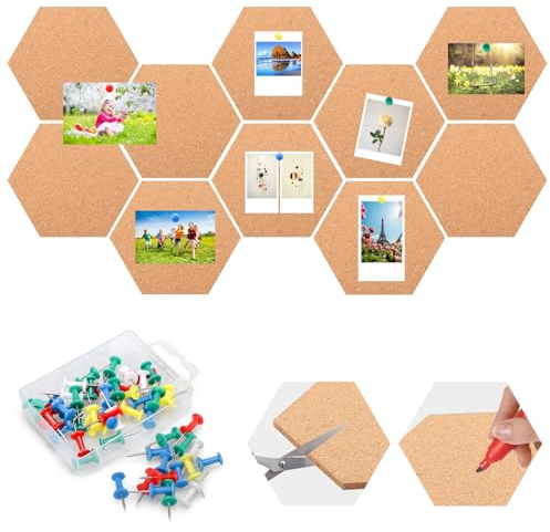 Nafafosa 10 Pièces Tableau Liege Mural, Panneau Liege Mural avec 50 Broches Liege Mural Autocollant Tableau d'affichage Hexagonaux Auto-adhésif Liege Mural Decoratif pour Photo Notes