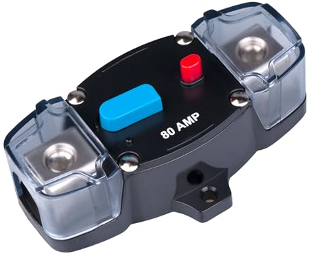 80 AMP Disjoncteur automatique 80A Porte-fusible en ligne Bloc onduleur réarmable DC 12V-48V Trolling Motor Audio Stereo Réinitialisation manuelle pour voiture Marine Camping-car Bateau Camion