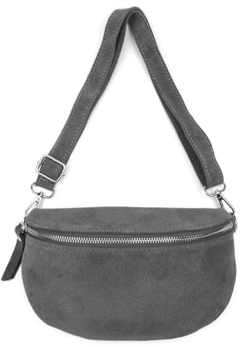 Made in Italy Damen Leder Tasche Gürteltasche Crossbody Hüfttasche Bauchtasche Umhängetasche Wildleder Brusttasche Crossover Bodybag Schultertasche Handytasche Geldtasche Grau (Wildleder)