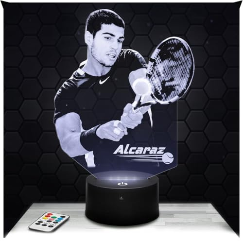 Lampephoto.fr - Lampe Carlos Alcaraz Tennisspieler 3D Nachtlicht Tennis | Made in France, verschiedene Standfüße zur Auswahl, dimmbar, Batterie/USB, HD-Lasergravur, Geschenk für Tennisfans