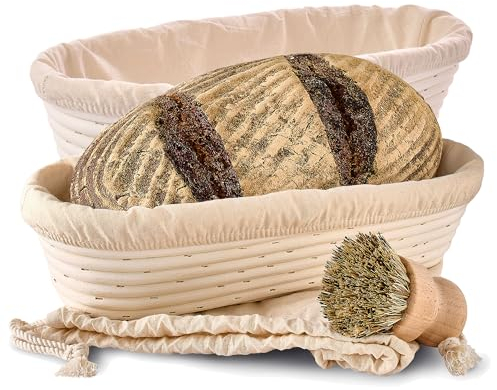Gärkorb Oval 35cm 2er Set mit Bürste, Leinentuch & Brotbeutel -1.2 kg - Aus nachhaltigem Rattan - Zum Brotbacken - Brot Backen Zubehör