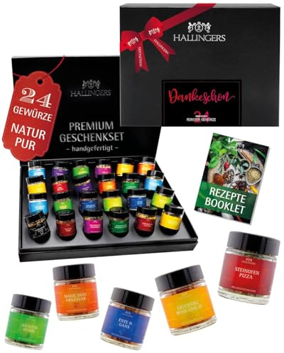 Hallingers Genuss Manufaktur Gewürz Dankeschön-Geschenk-Set - 24 Gewürze aus aller Welt in wertiger Geschenkbox mit Rezept-Booklet Dankeschön, Geschenkidee für Frauen Männer