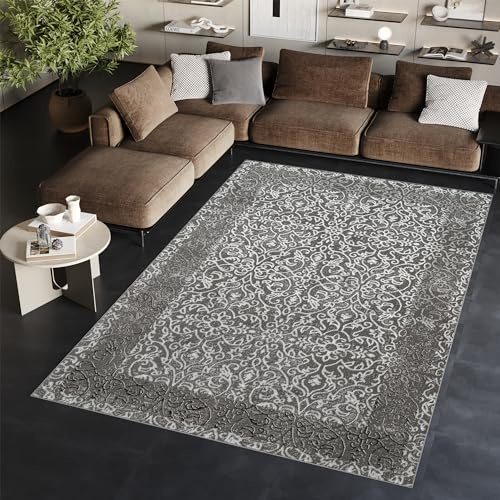 TAPISO Ares Teppich Kurzflor Glänzend Dunkelgrau Blumen 140 x 200 cm | Bordüre Barock Klassisch 3D Effekt Wohnzimmer Schlafzimmer OEKO-TEX