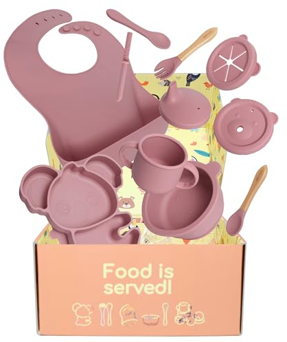 ARTIQS Vajilla Bebe Silicona, 11 piezas vajilla bebe, Plato ventosa, Set de cubiertos infantil, vaso aprendizaje 4 en 1, babero silicona bebe, regalo bebe. Sin BPA, apto lavavajillas, antideslizante.