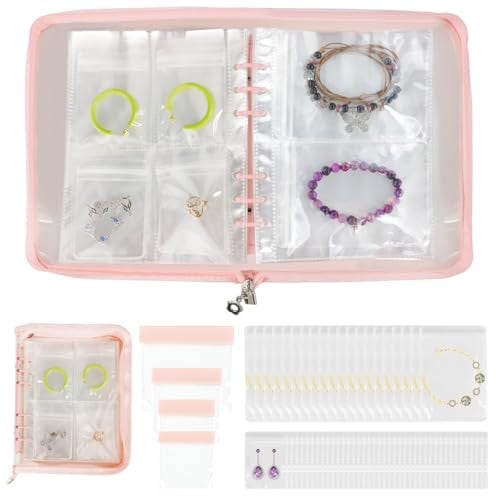 WATUNID Transparent Jewelry Storage Book, Travel Jewellery Organiser with 64Pcs Jewelry Sealing Bag, Earring Storage Organiser, Anti-Oxidation PVC Jewelry Display Organizer Album for Rings Necklaces
