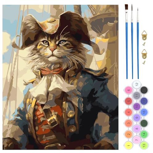 QENSPE Animal Pintura por Números para Adultos, Kit de Pintar por Números DIY con 3 Pinceles y Pinturas Acrílicas, Sin Marco 40x50 cm, Regalo para Decoración de Pared del Hogar - Gato