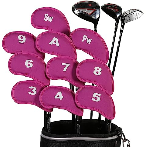10 Stück Schlägerkopfhüllen für Eisen Schlägerhauben Golf Langer Hals Schützen Golfschläger mit Anzahl Print (Rosa)