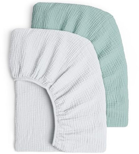 lulumoon Musselin Kinderbett Spannbettlaken Set: Weiches & Atmungsaktives Spannbetttuch für Reisebett und Babybett 100% Baumwolle 60x120-70x140cm 2er Pack (Grau Grün)