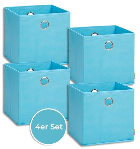 Storanda | 4er Set Aufbewahrungsbox 33x33x33 cm | Extra Große Griffe | Stabil & Faltbar | Regalbox für Würfelregal Kallax | Ideal für Zuhause & Kinderzimmer | Türkis