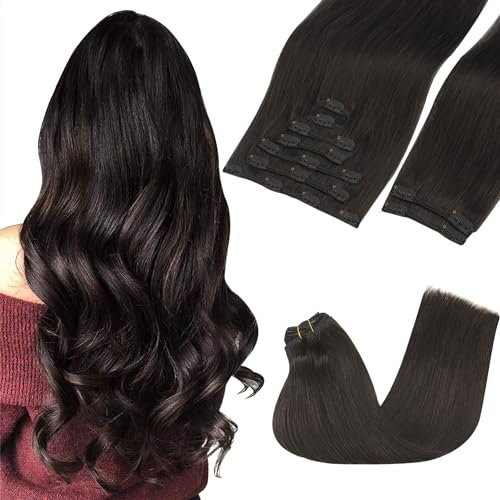 GOO GOO Clip in Extensions Echthaar, Echthaar Extensions Clip, 35cm 150g 9pcs, Extensions Echthaar, Haarverlängerung Echthaar, 2 Dunkelbraun