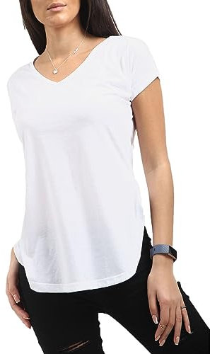 Shop Nova® WOMENS LADIES PLAIN V NECK CURVED HEM TURN UP SHORT SLEEVE JERSEY T SHIRT TOP (White, 14)