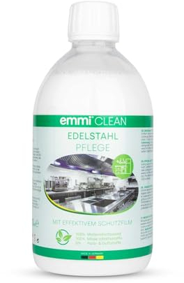 emmi-clean Edelstahl-Pflege Reiniger I Ideal für Besteck, Küchenarbeitsplatten, Kühlschränke, Abzugshauben, Spülen, Grill & Backofen I Entfern Fett, Staub, Wasserränder I 500ml