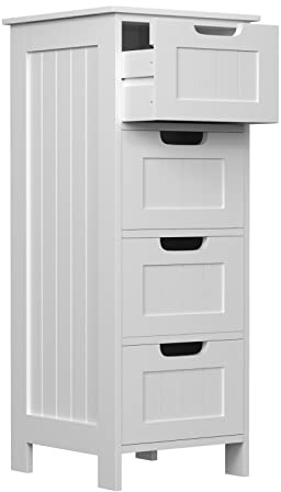 Wooden Chest Of Drawers, 4 Drawers Modern Tall Narrow Dresser No Handle Sleek Design Floor Standing Storage Organizer Unit Bedroom Furniture for Home Office, White Storage Cabinets, 30D x 30W x 82H CM