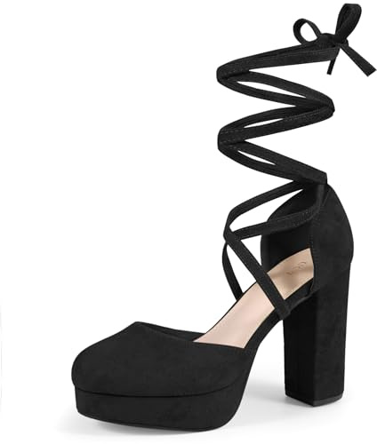 Perphy Women Faux Suede Strappy Lace Up Chunky Heel Platform Pumps Black