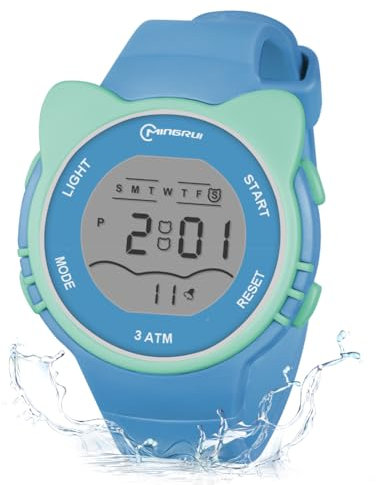 OFFCUP Digital Uhren für Kinder, Wasserdicht Kinderuhr Digital, Kinder Silikon Armbanduhr mit Katzenmotiv Sports Outdoor Digitaluhr mit Wecker Datum Stoppuhr Led Lichter Uhr -Blau