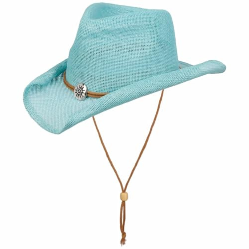 Lipodo Vescadosa Western Paper Straw Cowboy Hat Adjustable Chin Strap Unisex Summer Light Blue