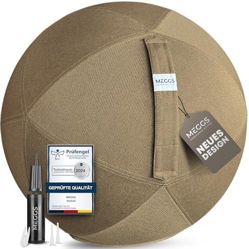MEGGS® Stoff-Sitzball 65cm, Ergonomisch Sitzen im Büro & Zuhause, [Wegrollschutz & Platz-Sicher], Pezziball, Yoga-Ball, Gymnastikball für Schwangerschaft, Waschbarer Stoffbezug, Farbe: Cappuccino