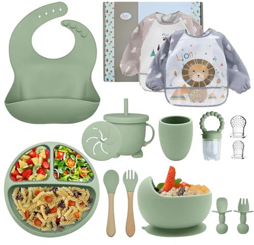 vajilla bebe,Cubiertos Bebe,Juego de 15 Piezas,Platos Bebe con Ventosa,Baby Led Weaning,Cubiertos Infantiles,Cuchara Bebe,Babero Silicona Bebe,Plato de Silicón Antideslizante Sin BPA