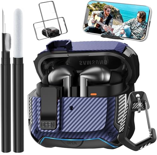 Compatible with SAMSUNG Galaxy Buds 3 Pro Case/Bud 3 Cover Clip with Phone Stand, Secure Lock Protective Case & Cleaning Kit for Galaxy Buds 3 Pro 2024 Men Women Blue