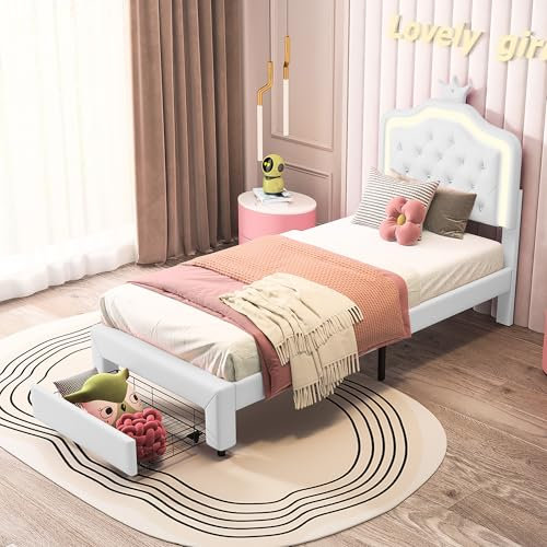 Henunem Kinderbett Einzelbett 90x200, Kronen-Prinzessinnenbett Einzelbett Stauraumbett mit Schubladen und Verstellbarem LED Kopfteil und Lattenrost, Polsterbett Mädchenbett, PU, Ohne Matratze (Weiß)