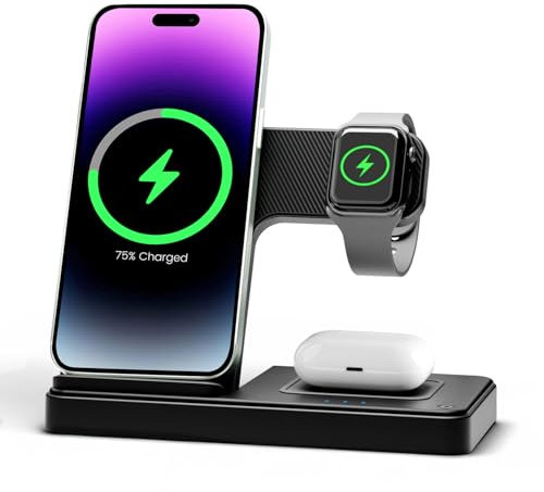 Chargeur Induction pour iPhone 3 en 1: Station de Charge pour iPhone 16e 16 15 14 13 12 11 Pro Max pour Apple Watch Series 10 à 2 SE Ultra pour AirPods Pro 2 3 4, Chargeur sans Fil pour Bureau Maison