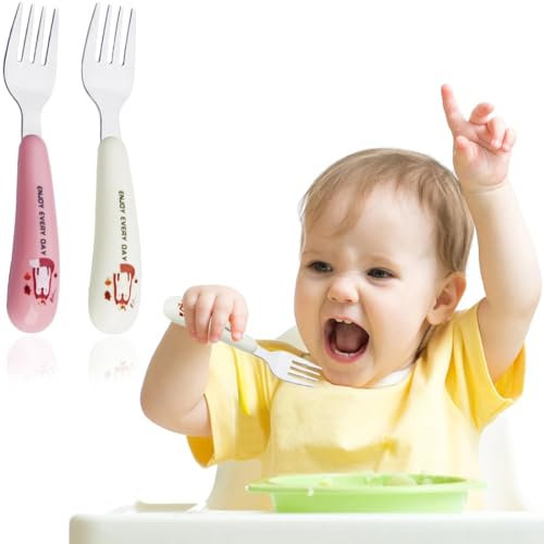 JEYORZY 2 Set Baby Besteckset| Kinderbesteck ab 1 jahr| Silikon KinderBesteck Edelstahl, Kinder Besteck, Kinder Gabeln Selbsternährend Baby Kleinkinder Gabel hält Anti-Choke-Design