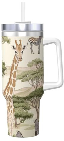Zsuugj Giraffes 40 Oz Tumbler With Handle And Straw Lid Car Cup Stainless Steel Water Bottles Insulated Coffee Cup Travel Mug Gifts For Men Women