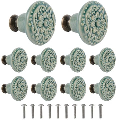 Henrrida 20 PCS Ceramic Knobs Door Knob for Cupboards,Round with Screws Ceramic Door Knobs Suitable for Cabinets, Drawers, Furniture (Green)