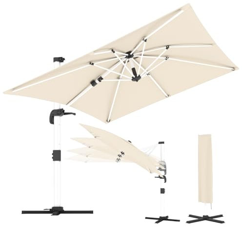 TRIUMPHKEY Ombrellone parasole da balcone, in alluminio, con manovella, impermeabile, protezione solare UV50+, rotazione a 360°, beige., 300*300 cm