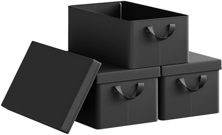 WOLTU Aufbewahrungsbox mit Deckel 3 Stück, aus Polyesterstoff, für Schlafzimmer, Arbeitszimmer, Wohnzimmer, Organizer Box mit Griffen, für Kleidung Spielzeug, faltbar, Schwarz, 48x20x29 cm
