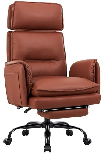 IWMH Ergonomischer Bürostuhl 227kg, XXL Kunstleder Chefsessel mit Fußstütze Schreibtischstuhl mit höhenverstellbare Kopfstütze,135° Neigefunktion,Drehstuhl Wippfunktion für Homeoffice,Gaming (Braun)