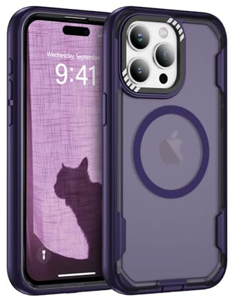 Wirvyuer Custodia magnetica per iPhone 15 Pro Max Cover durevole a 2 strati antiurto Bumper militare protezione antigoccia Cover magnetica protettiva case per iPhone 15 Pro Max,Viola scuro