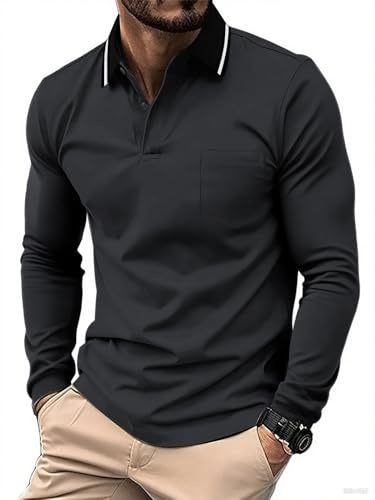zitysport Poloshirt Langarm Herren Golf Atmungsaktives Schnelltrocknend Funktionsshirts T Shirts für Männer Sport Shirt Regular Fit Polohemd Langarmshirt Männer mit Brusttasche(Dunkelgrau XL)