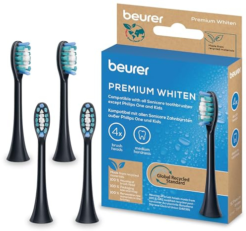 Beurer SC Premium Whiten Bürstenköpfe für elektrische Zahnbürste, 4 Ersatzbürsten kompatibel mit Philips Sonicare Schallzahnbürsten, mittig erhöhte Indikatorborsten, Härtegrad Mittel