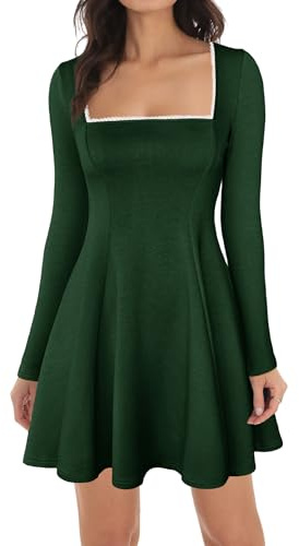 Lrady Womens Square Neck Bodice Dress Long Sleeve Flare A Line Club Party Mini Ruffle Swing Short Dresses, 1# Dark Green, S