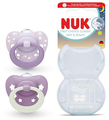 NUK First Choice Classic Day & Night Baby Schnuller | 18-36 Monate | Orthodontische Beruhigungssauger, die im Dunkeln leuchten | 95% Akzeptanz bei Babys** | Lila | 2 Stück