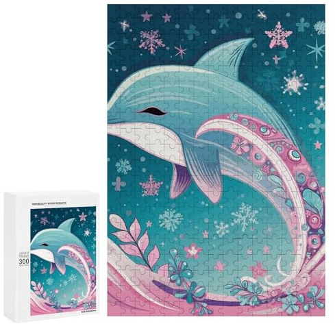 Holzpuzzles für Erwachsene, einzigartige Form, niedliches Delfin, Schneeflocken-Puzzle mit exquisiter Box, personalisiertes Holz-Puzzle, 300 Stück, für Familienspiel, Geschenk, Reisen, Kunstdekor