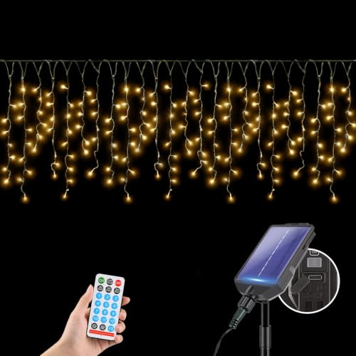 SALCAR 480 LED Solar Eisregen Lichterkette 15,6m mit Fernbedienung | 13 Modi, Dimmbar, Wasserdicht Lichtervorhang Outdoor für Garten Balkon Pavillon Terrasse Fenster Party, Warmweiß