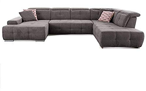CAVADORE Wohnlandschaft Mistrel mit Ottomanen rechts / XXL-Sofa in U-Form / Inkl. Kopfteilverstellung / Couch mit aufwendiger Steppung / 343 x 77-93 x 228 / Kati Fango