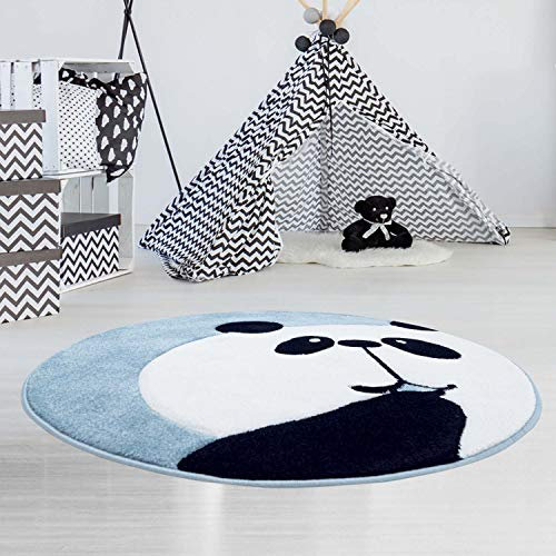 Kinderteppich Panda-Bär Blau - 160 cm Rund - Teppich Tier-Motiv Kinderzimmer für Mädchen und Jungen