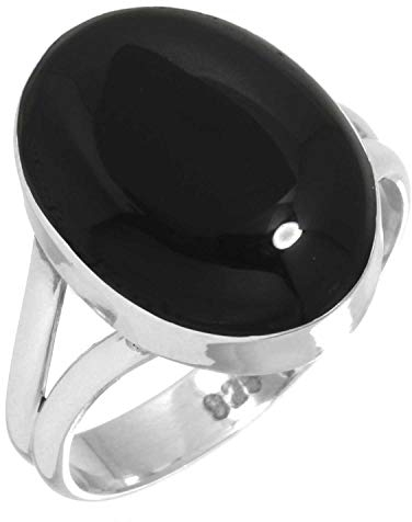 Jeweloporium Schwarzer Onyx Silberring Größe 58 (18,5), 925 Sterling Silber Ring für Damen, Natürlicher klobiger ovaler Edelstein Boho Schmuck