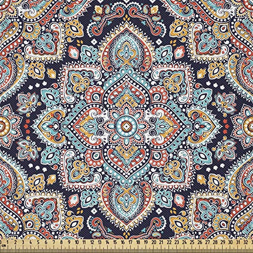 ABAKUHAUS Ethnisch Stoff als Meterware, Ethnische Vintage-Boho-Kunst, Seidiger Satin Stoff für Polster Heimtextilien, 1M (148x100cm), Mehrfarbig