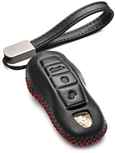 Vitodeco Coque de clé intelligente en cuir véritable avec porte-clés en cuir pour Porsche 718, Porsche 911, Porsche Panamera, Porsche Cayenne (3 boutons, noir/rouge)