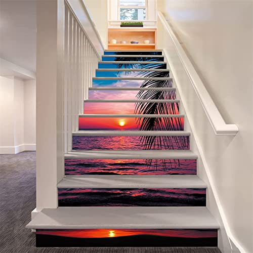 FLFK 3D Tropische Strandlandschaft des Sonnenuntergangs Selbstklebend Treppen Aufkleber Vinyl Abnehmbare Aufkleber für Treppenhaus Zuhause Dekoration 39.3Zoll x7.08Zoll x13 stücke