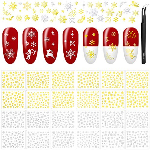 24 Blatt Weihnachten Nagelsticker Selbstklebend Schneeflocken Nagelaufkleber 3D Nagel Kunst Design Aufkleber mit Pinzette für DIY Nagel Art Dekorationen