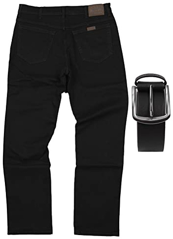 Regular Fit Wrangler Stretch Herren Jeans inkl. Texas Gürtel (Black, W36/L30)