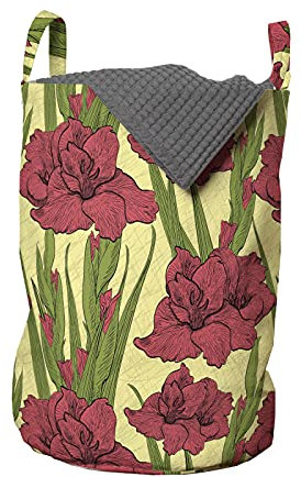 ABAKUHAUS Blume Wäschesack, Gladiolen Muster, Wäschekorb mit Griffen Kordelzugverschluss für Waschsalons, 33 cm breit x 49 cm hoch, Gelbe Koralle und Grün