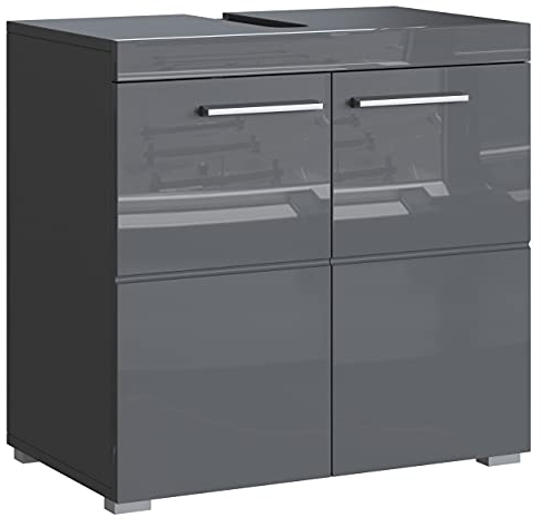 Newroom Waschbeckenunterschrank Grau Hochglanz mit viel Stauraum - 60x56x34 cm (BxHxT) - Badezimmer Unterschrank Badezimmerschrank Badezimmermöbel Badunterschrank - [Trinity.Seven]