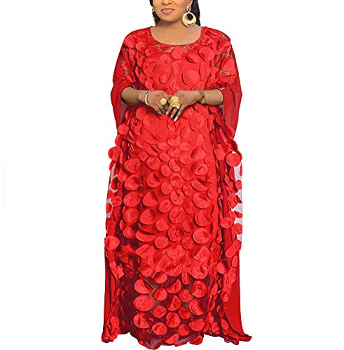 HD African Women Applique Flower Dress Boat Neck Chiffon Kaftan Dress One Size, Red, One Size
